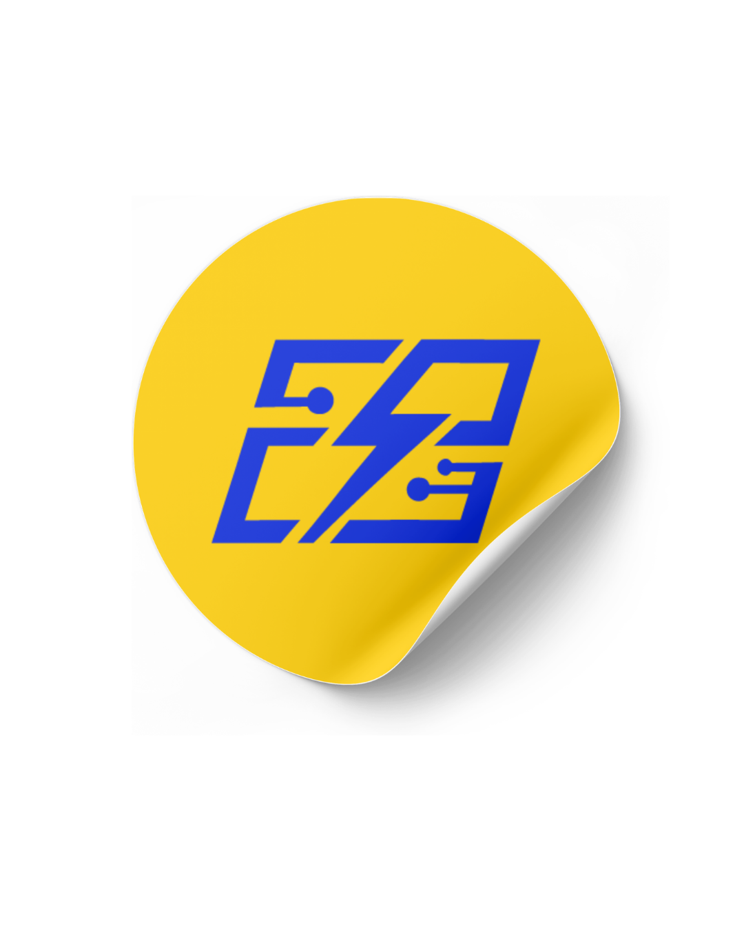 Yellow sticker with blue geometric logo featuring a lightning bolt and circuit lines.