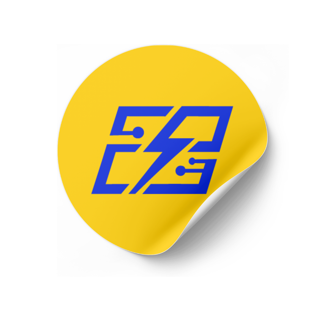 Yellow circular sticker with blue digital circuit design and a lightning bolt in the center