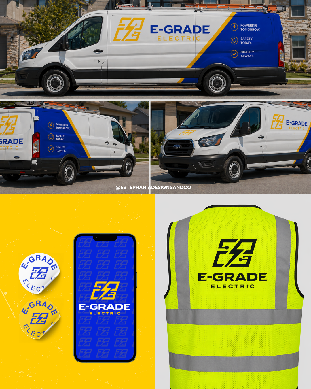 A fleet of white electric service vehicles branded with E-GRADE ELECTRIC logo, including a van and a truck, parked on a suburban street. The vehicles feature slogans like "Powering Tomorrow," "Safety Today," and "Quality Always." The image also shows promotional items such as buttons, a phone with branding, and a high-visibility safety vest all with the company's logo.