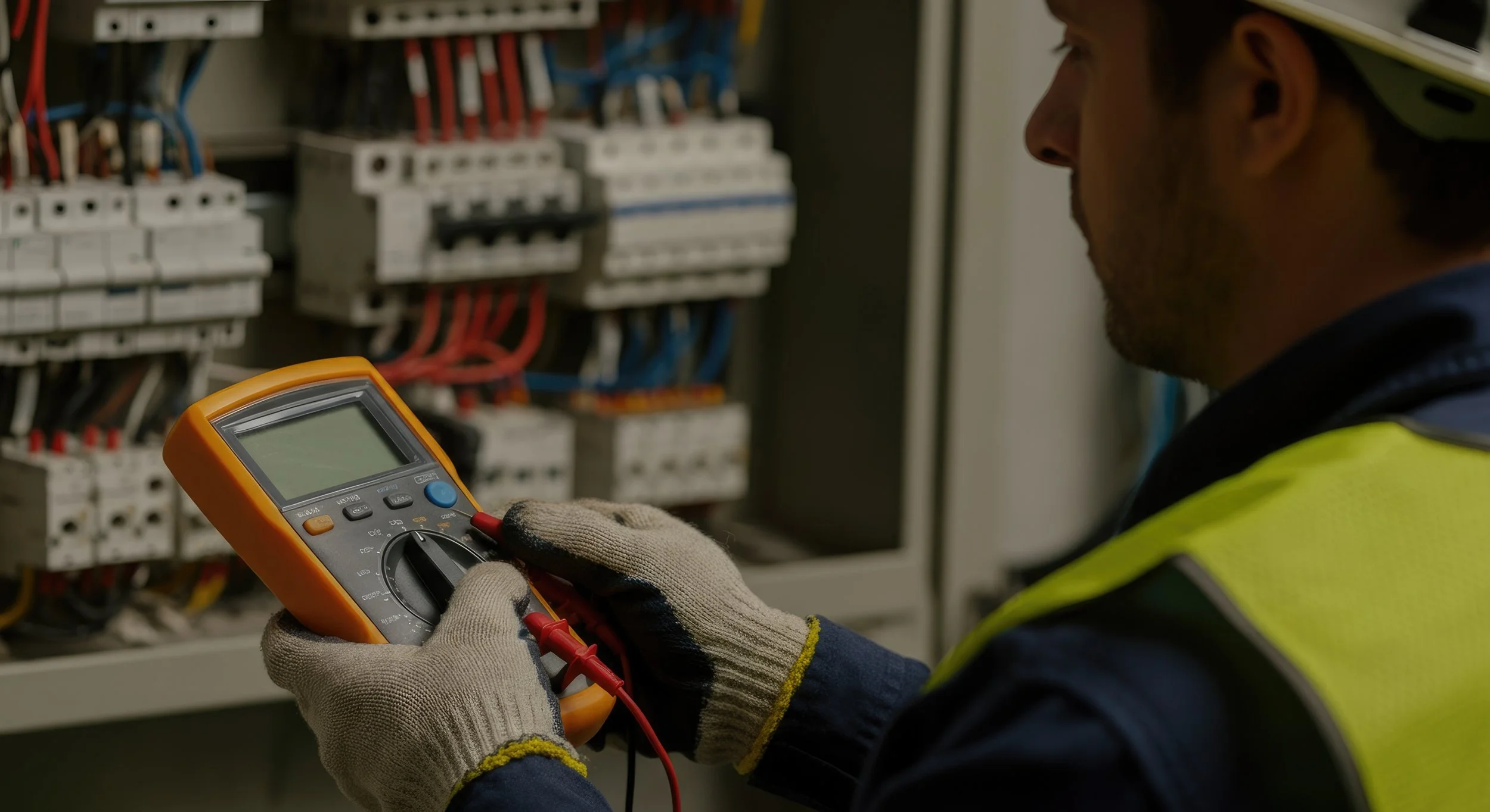 A worker inspecting electrical circuit breakers with a digital multimeter, wearing safety gloves and a hard hat in an industrial setting.
