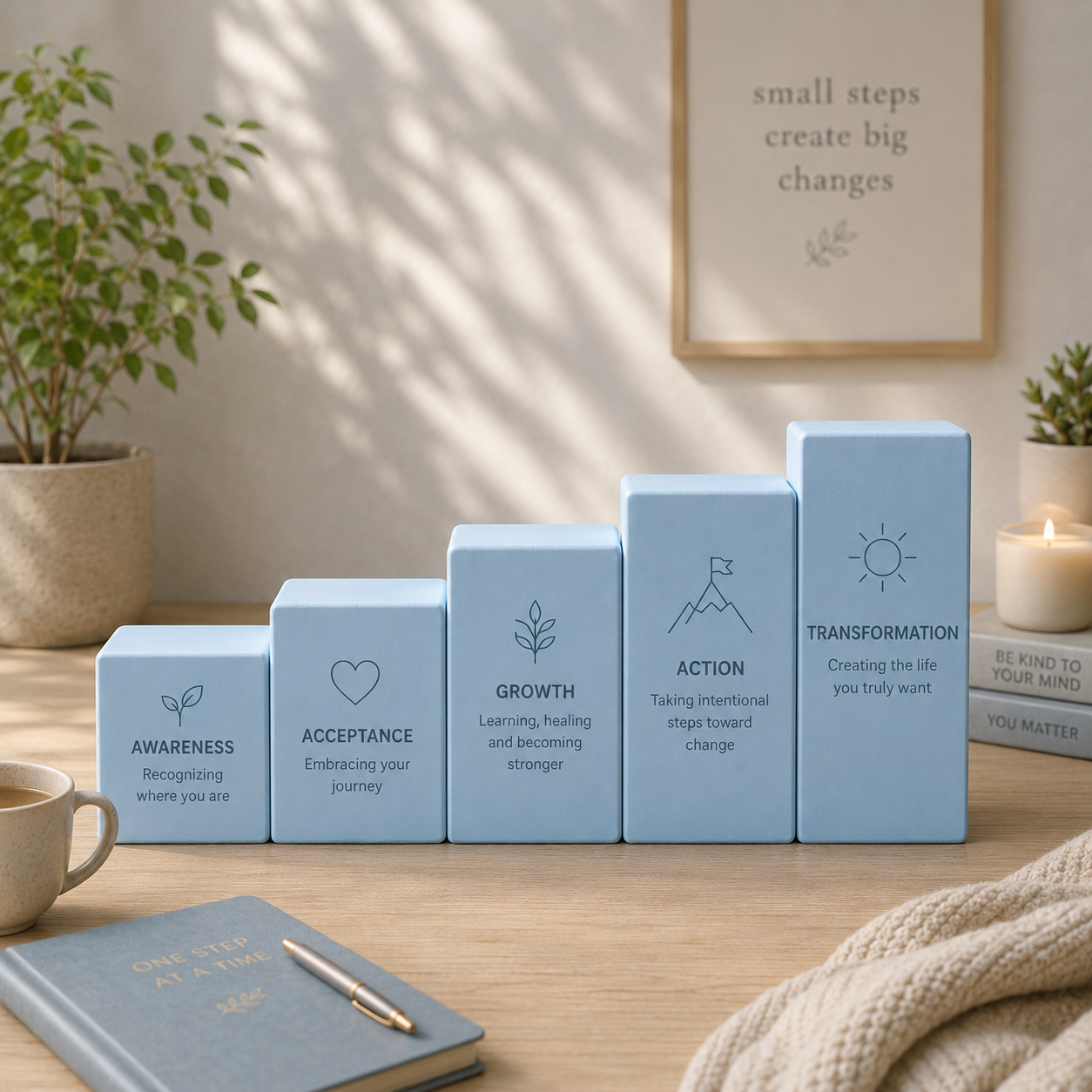 Blue blocks with motivational words and phrases like 'Awareness,' 'Acceptance,' 'Growth,' 'Action,' and 'Transformation' arranged on a wooden table with plants, candles, a notebook, and a framed quote on the wall in the background.