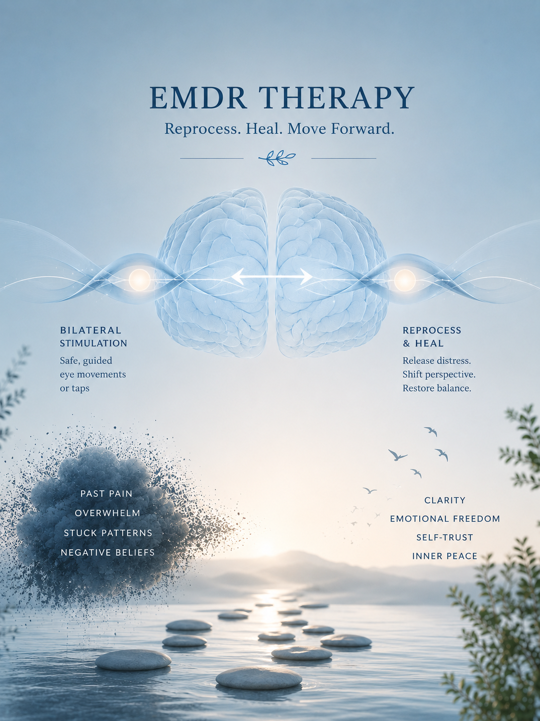 A calming infographic about EMDR therapy featuring a stylized brain with arrows and waves, surrounded by a peaceful landscape with water, stones, birds, and foliage.