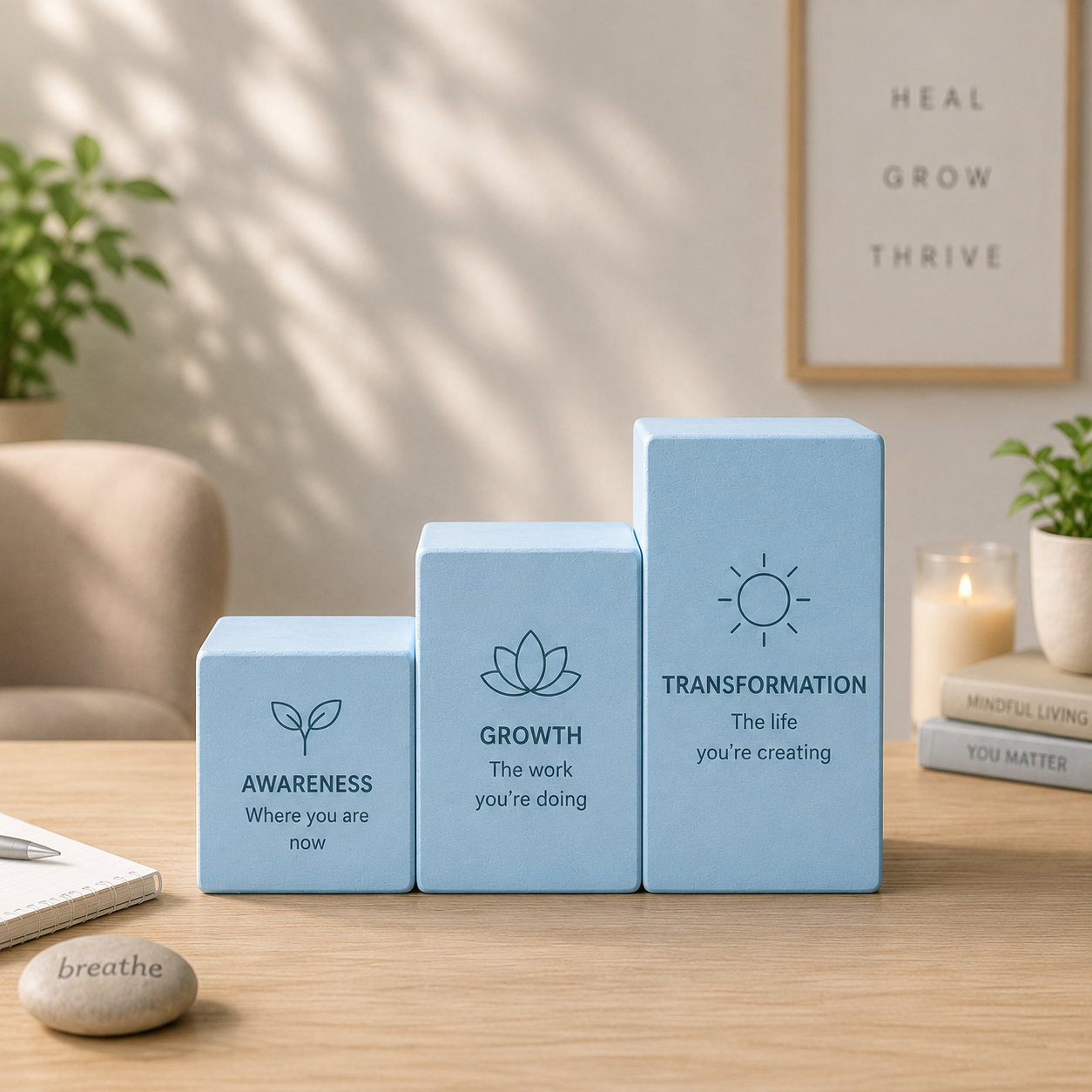 Three blue blocks with motivational messages on a wooden table, labeled 'Awareness,' 'Growth,' and 'Transformation,' with small illustrations of a leaf, lotus flower, and sun, respectively, in a cozy indoor setting with plants, books, and a framed quote in the background.
