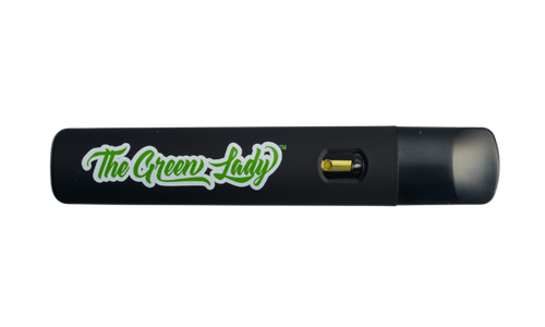 A small black vape branded with The Green Lady logo