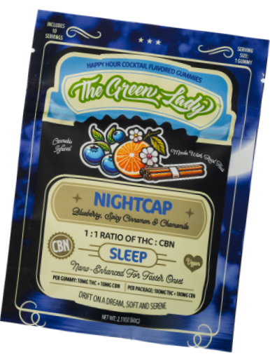 A pack of flavored gummies from The Green Lady in the nightcap flavor