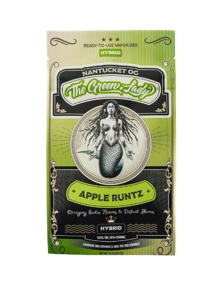 A ready to use vaporizer in the flavor apple runtz from The Green Lady Dispensary