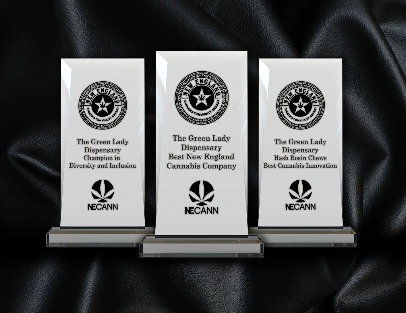 NECANN awards showing The Green Lady Dispensary winning Champion in Diversity and Inclusion, Best New England Cannabis Company, and Hash Rosin Chews Best Cannabis Innovation