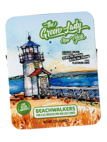 A tin of Beachwalkers by The Green Lady Dispensary, which includes pre-rolls.
