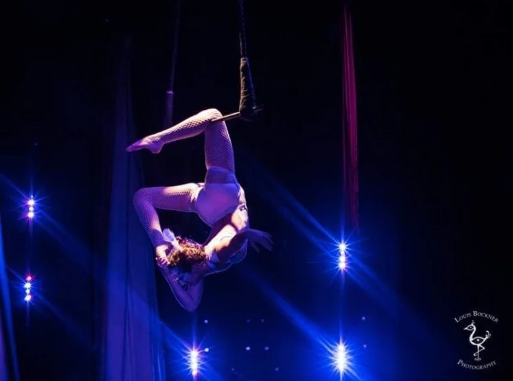 Aerialist performing an upside-down routine on aerial silks in a dark theater with blue and purple stage lighting.
