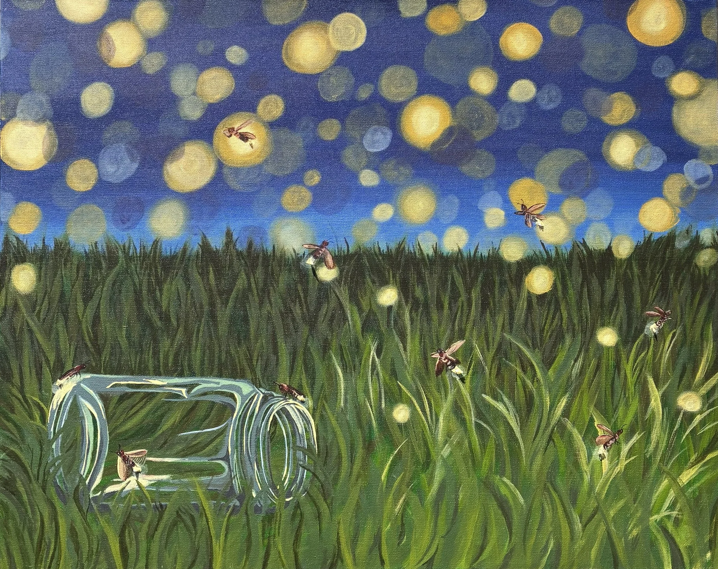 "Fireflies" 20x24 Acrylic and string lights on canvas 