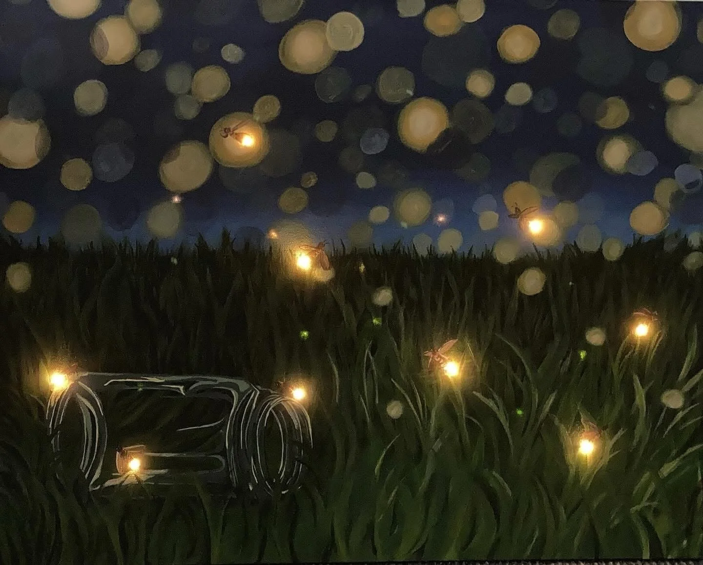 "Fireflies" 20x24 Acrylic and string lights on canvas 