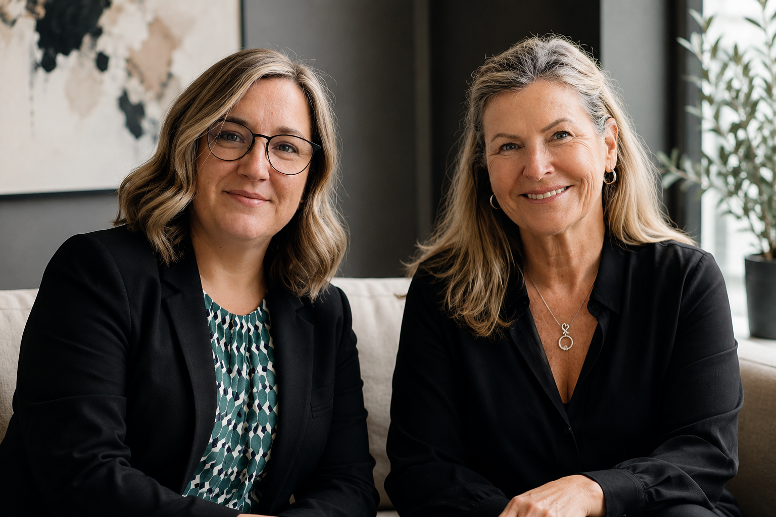 Two smiling women sitting on a sofa in a modern indoor setting, one wearing glasses and a patterned blouse, the other wearing earrings and a black blouse, with a potted plant and a framed artwork in the background.