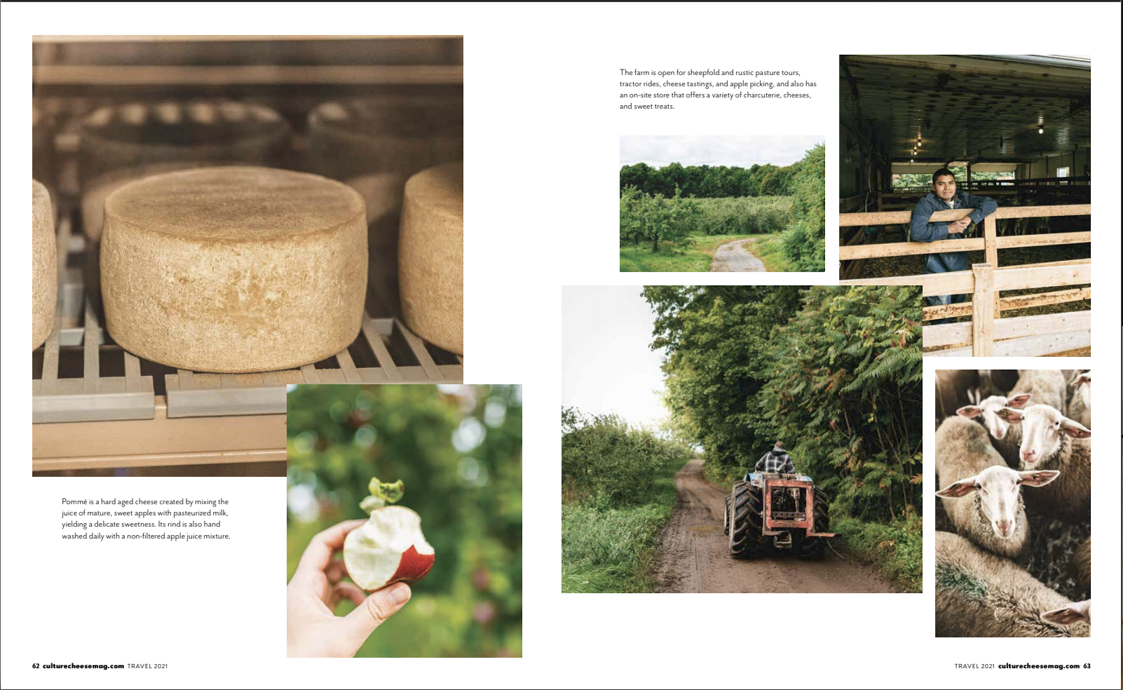 Collage of images depicting farm life: close-up of cheese wheels, a hand holding an apple, a dirt road through trees, a man looking over a cattle pen, sheep grazing, and a person on a tractor in a lush farm setting. Text describes the farm as open fo