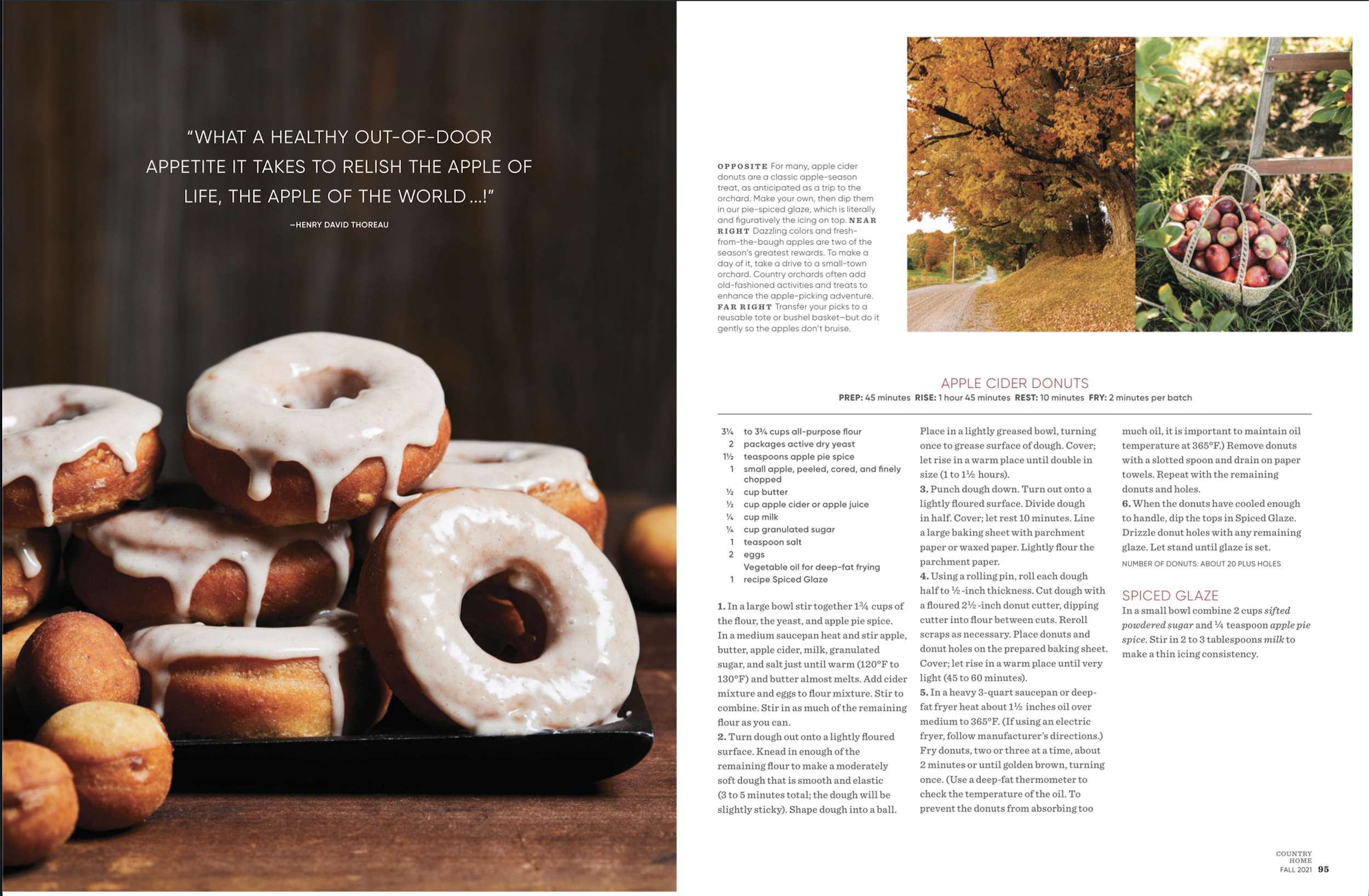 Image of apple cider donuts with icing on a dark surface surrounded by small round bakery items, with a magazine page featuring fall foliage and apple harvest recipe in the background.