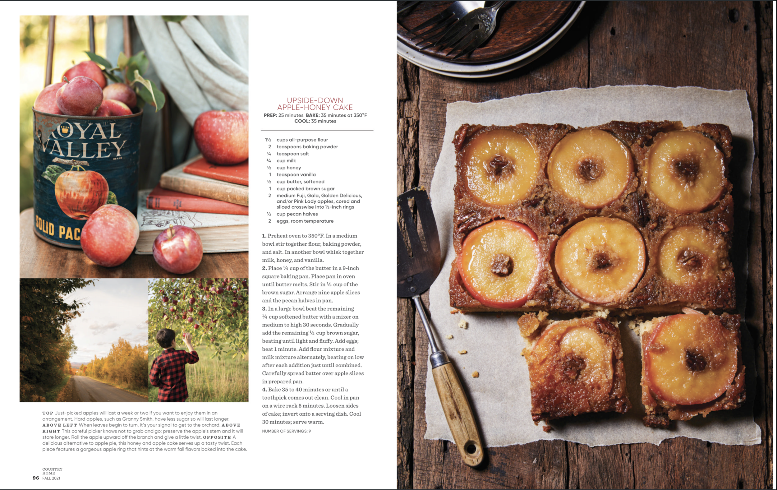 A page from a magazine showing a recipe for upside-down apple-honey cake, with a picture of the finished cake topped with sliced apples on a rustic wooden surface. The left side of the page features images of red apples in a blue royal valley can, a 