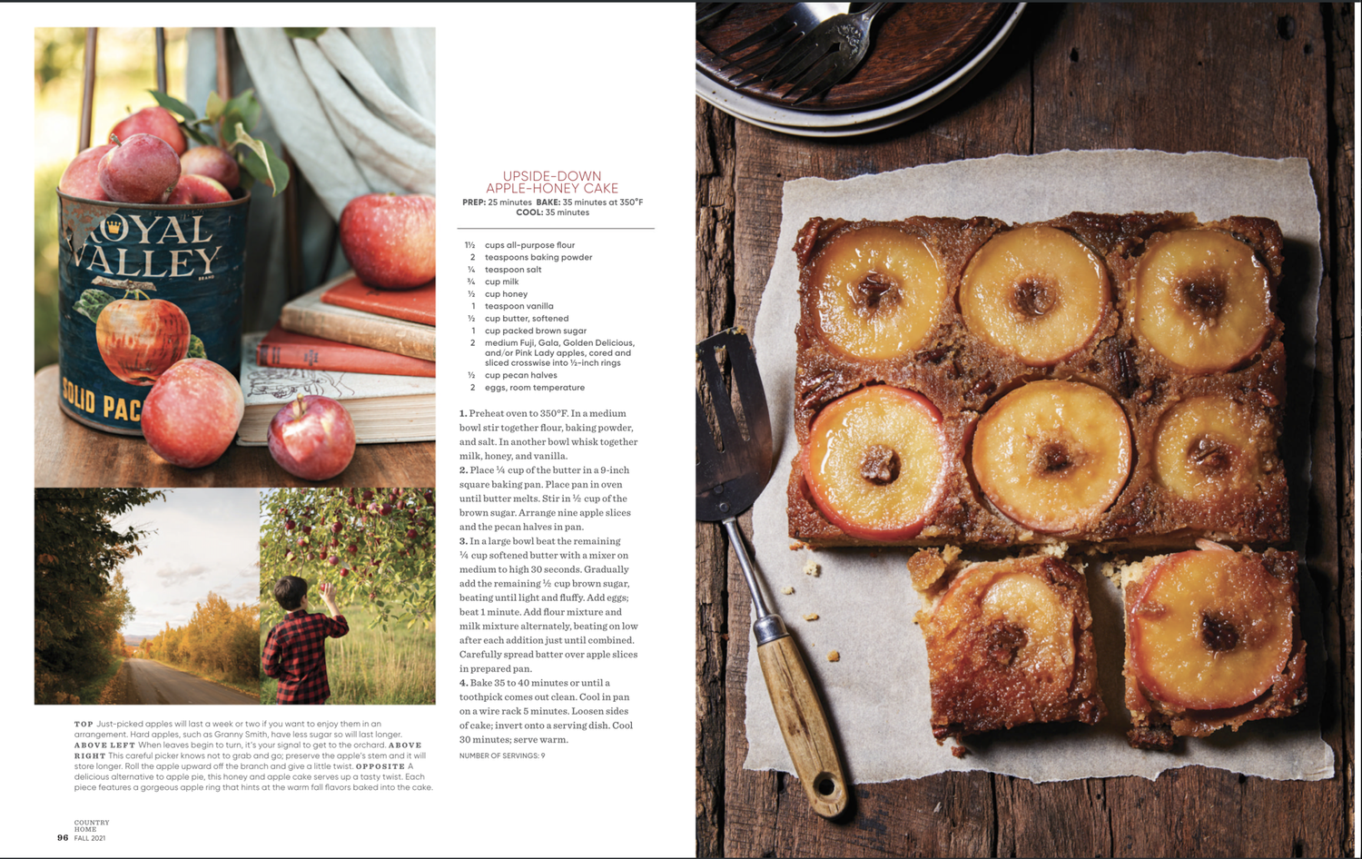 Country Home spread of an apple upside-down cake and orchard harvest
