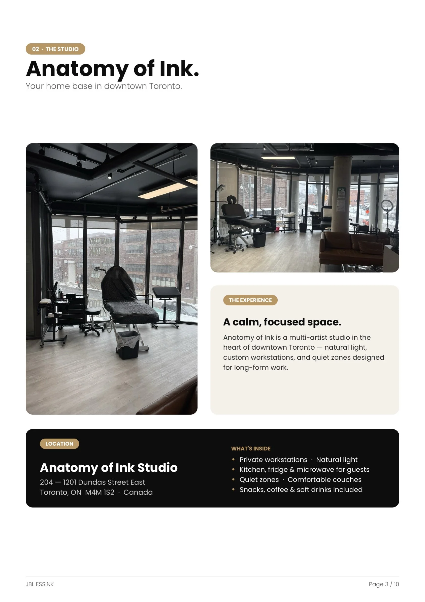 Interior view of a modern tattoo studio with large windows, tattoo chair, and equipment. Another room image shows a tattoo station with a chair, supplies, and seating area with a brown couch.
