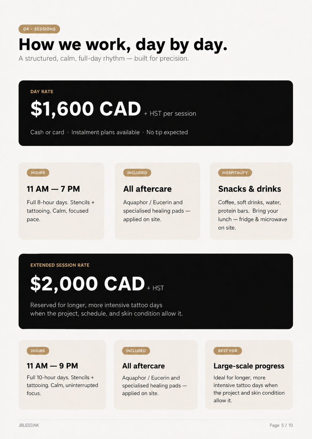Tattoo studio price list and session details, including rates for full-day sessions, hours of operation, included aftercare, hospitality, and extended sessions with descriptions.