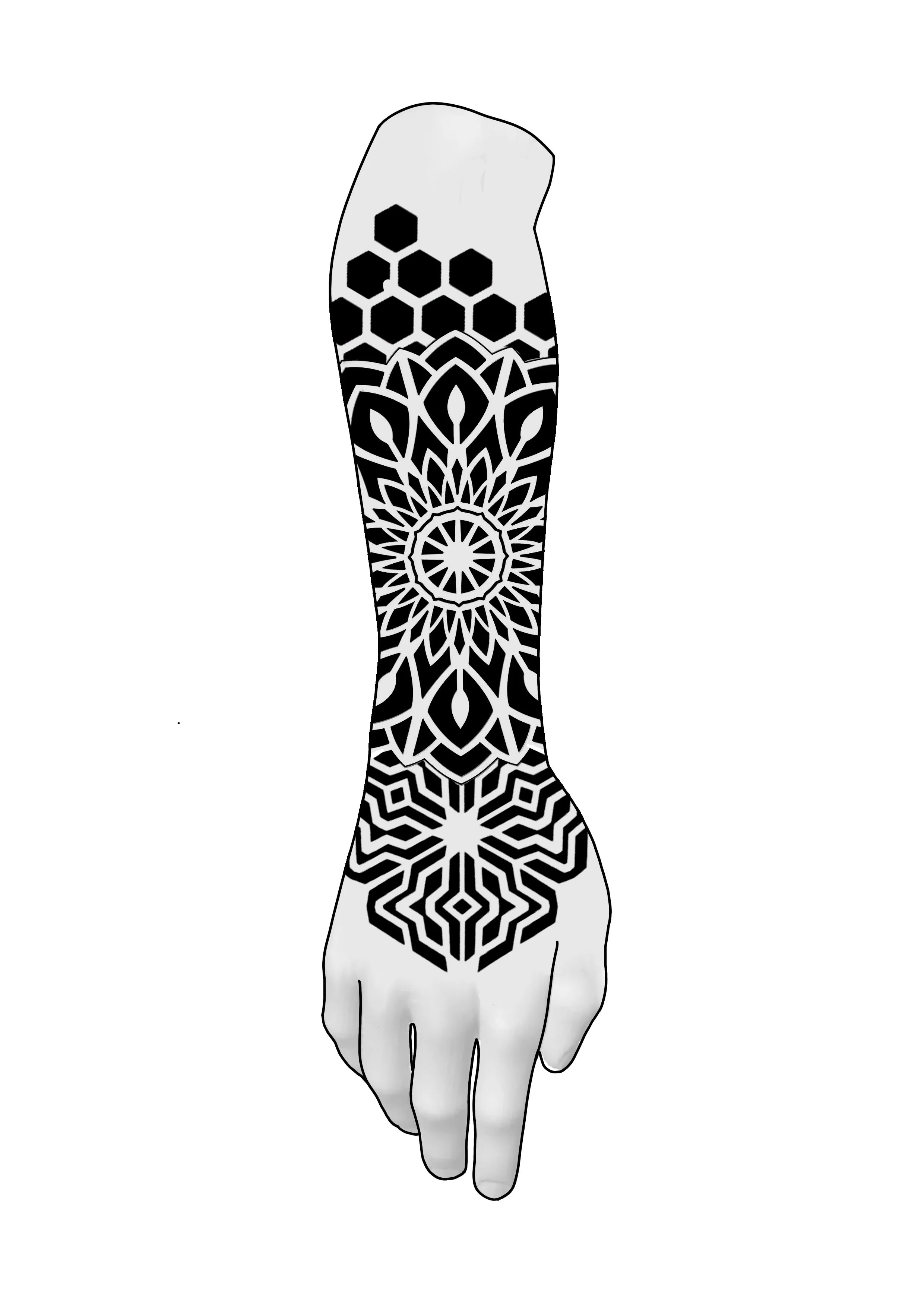 Black and white geometric tattoo design on a human hand and forearm.
