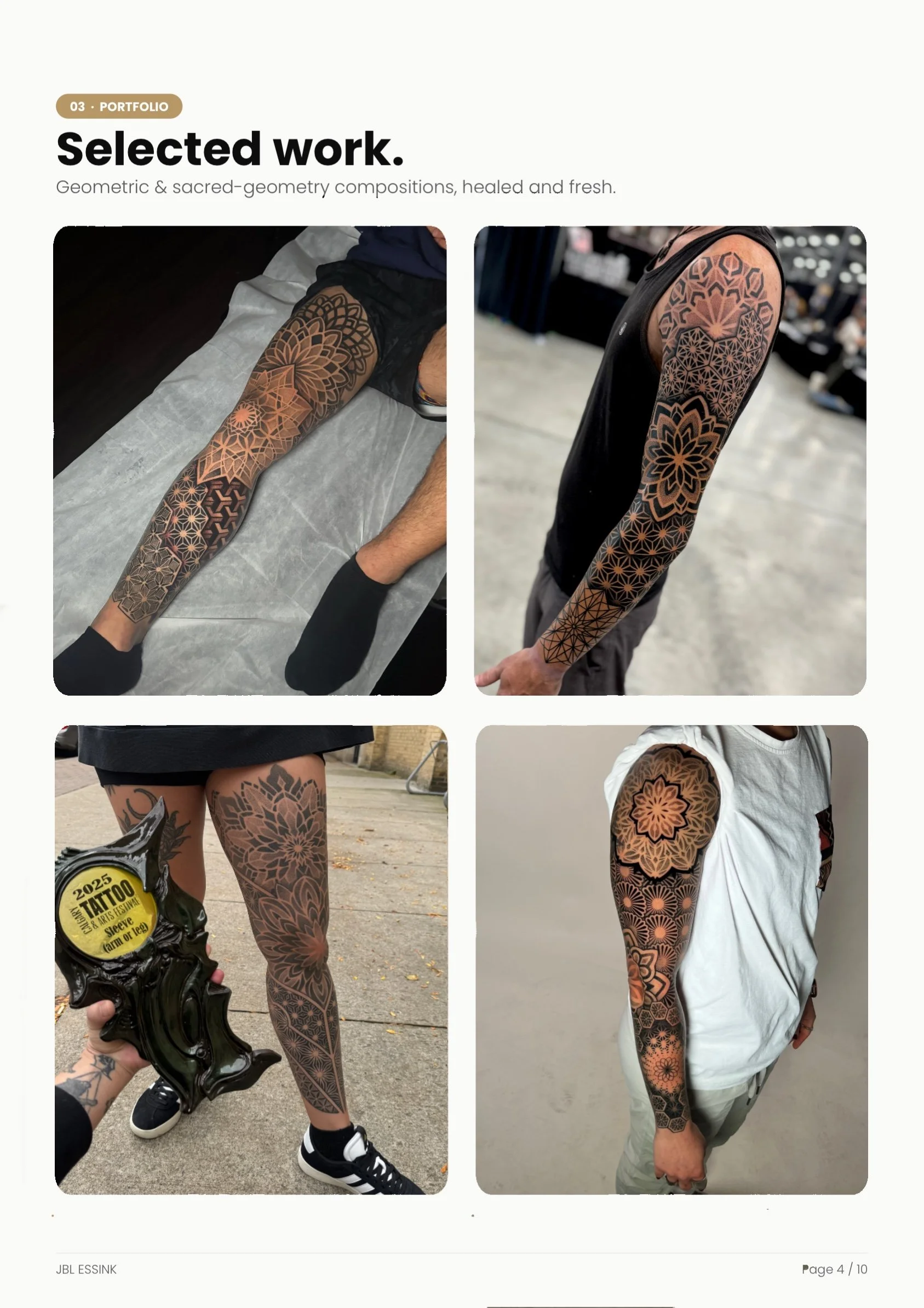 Collection of four images showing different tattoos on men's arms and legs, with geometric and floral designs, in various settings.