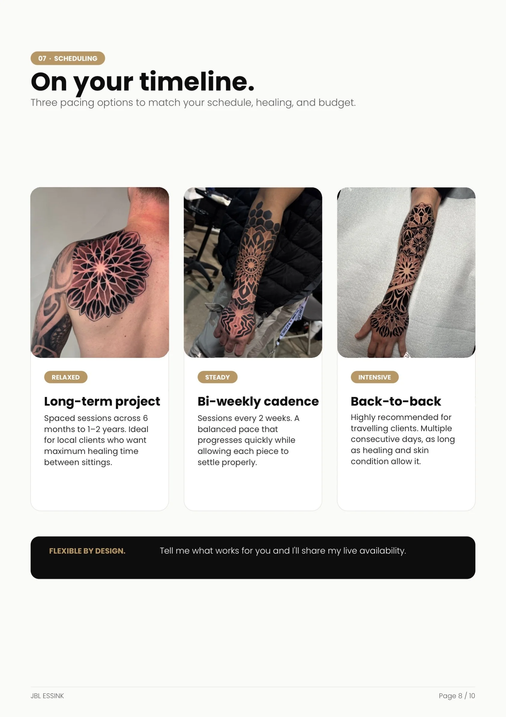 Three tattooed arms with geometric black and pink designs showcasing different tattoo pacing options: relaxed, steady, and intensive.