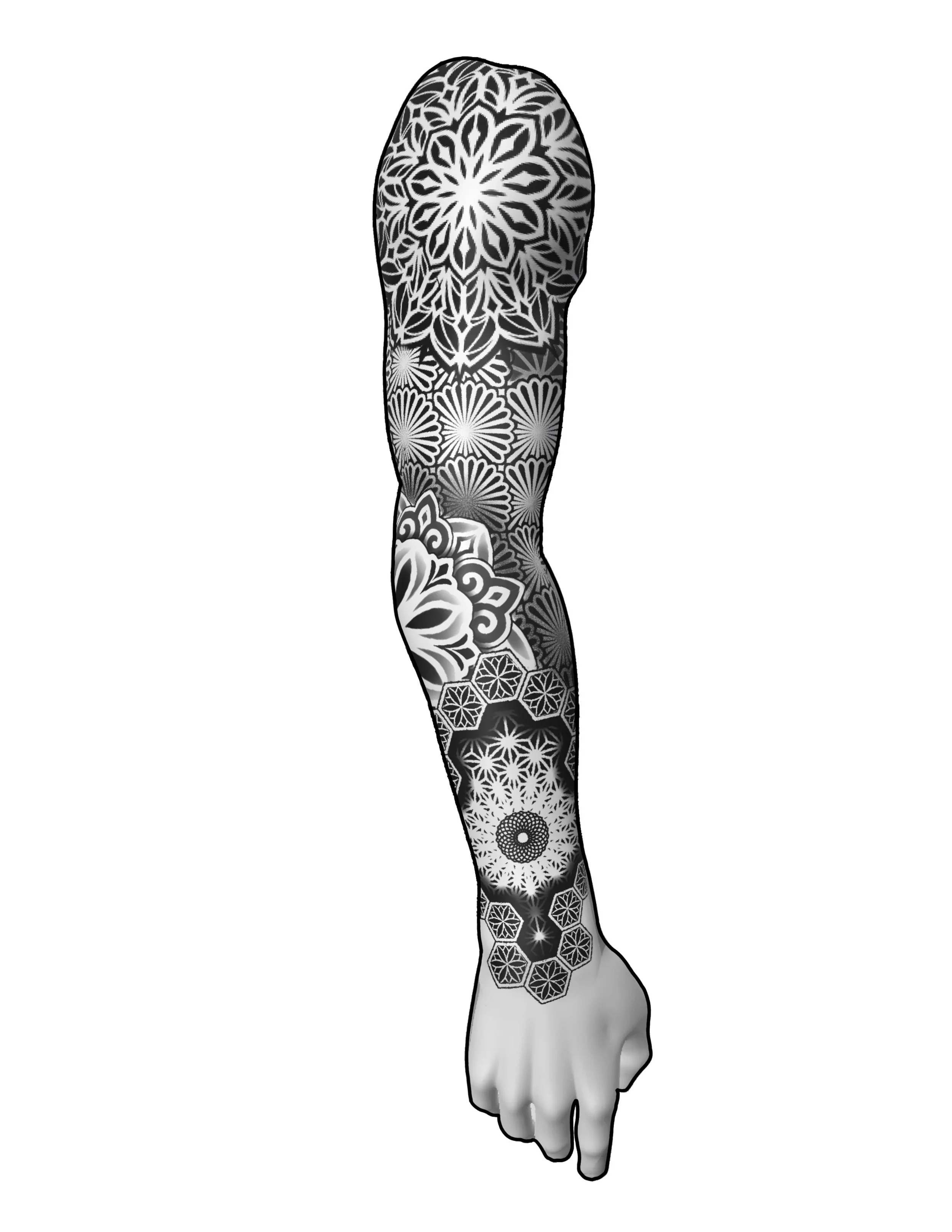 A human hand and forearm with intricate black and white geometric and floral tattoos covering the entire surface. The hand is clenched with the fingers curled inward.