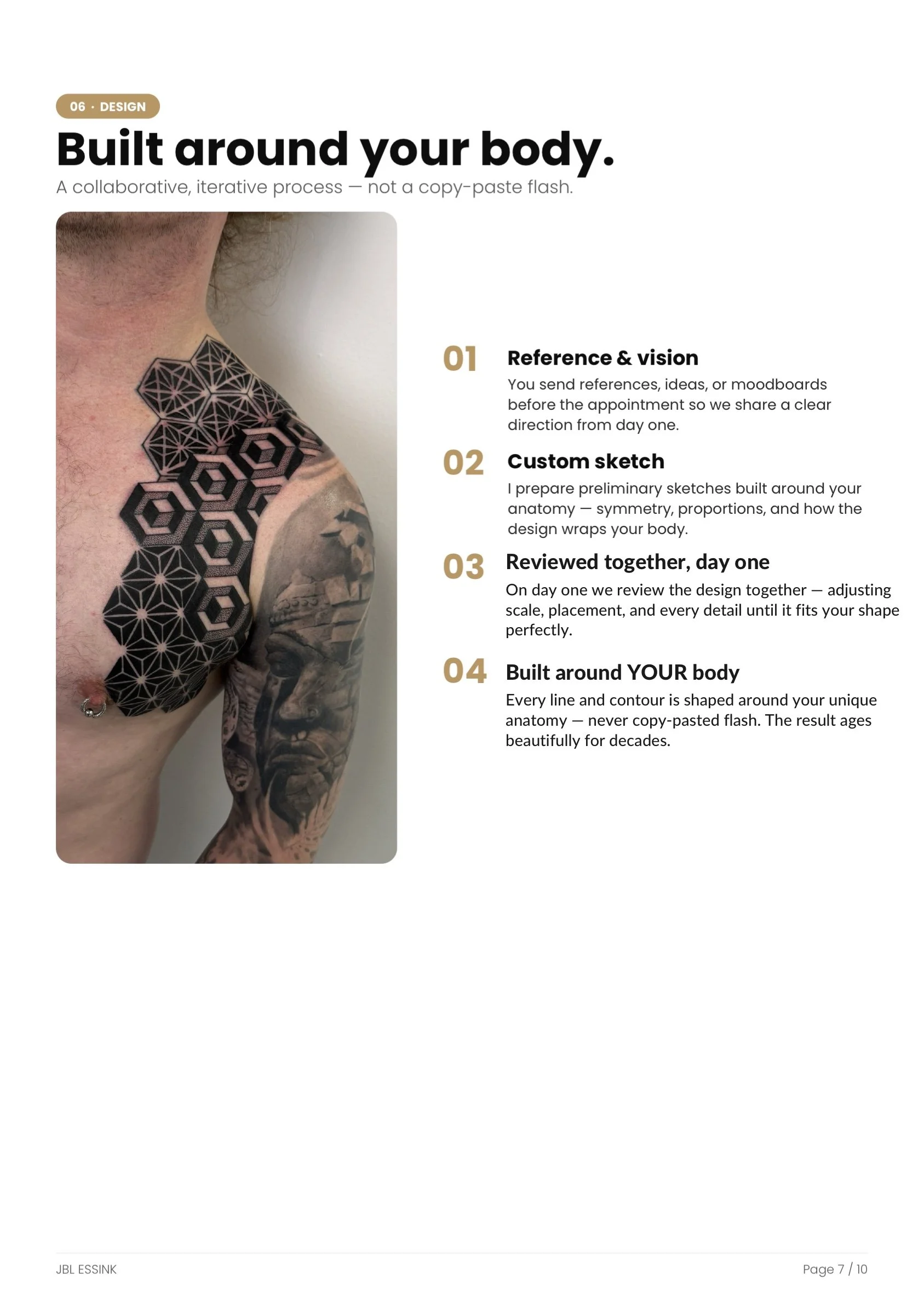 A page from a design guide showing a close-up of a person's upper arm and shoulder with geometric tattoos, alongside text explaining the design process.