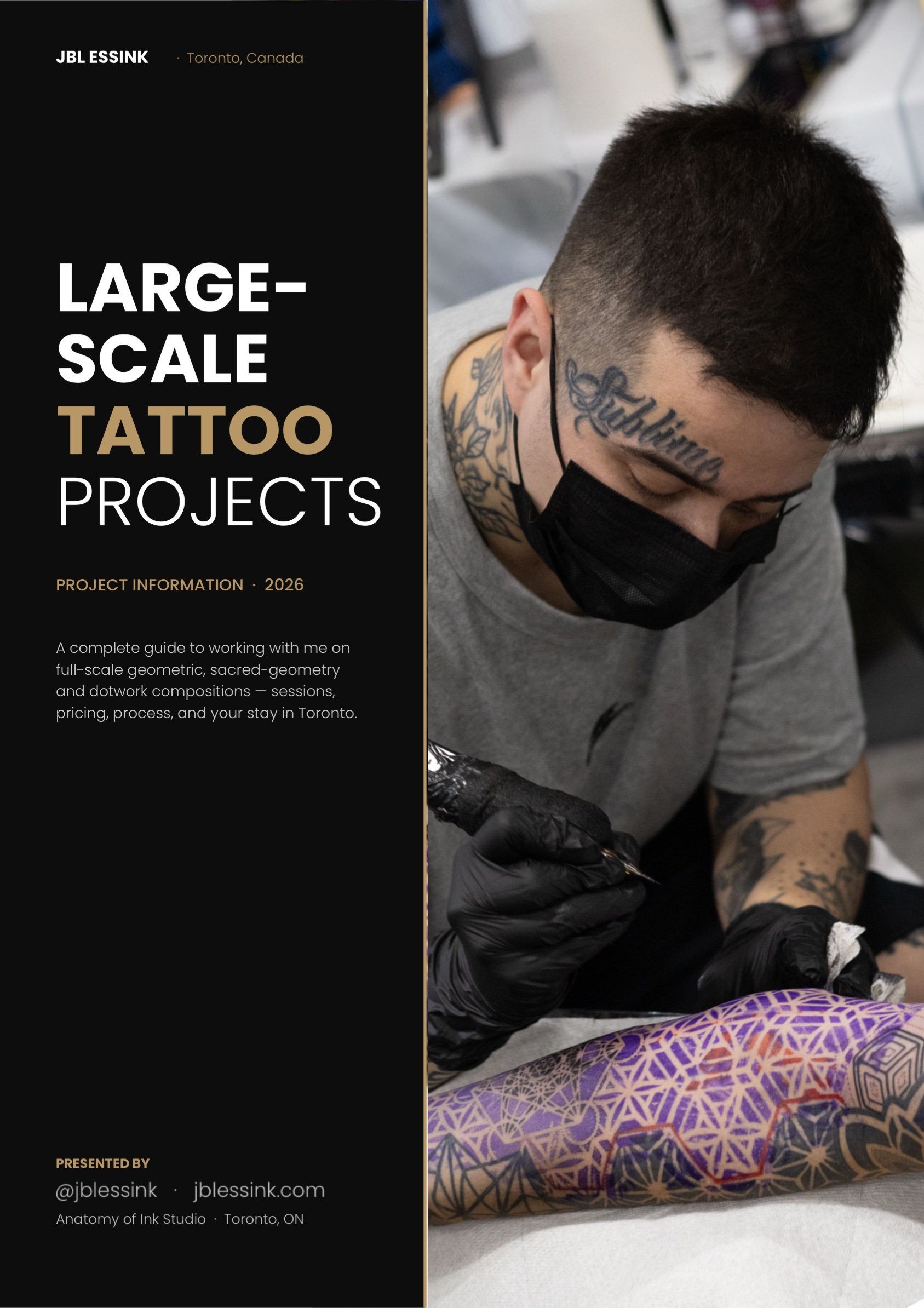 Jblessink • Toronto, Canada
LARGE-SCALE TATTOOS - PROJECT INFORMATION • 2026
A complete guide to working with me on full-scale geometric, sacred-geometry and dotwork compositions - sessions, pricing, process, and your stay in Toronto.