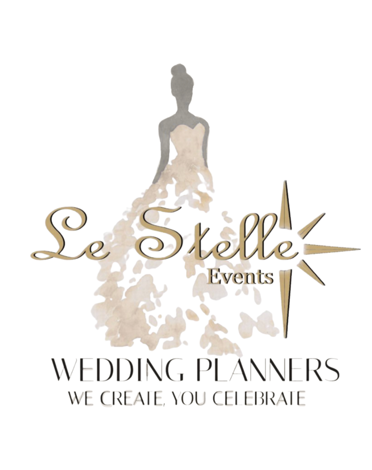Logo for Le Stelle Events featuring a silhouette of a woman in a wedding dress with a flowing train, gold and black text, and a compass rose design with points.