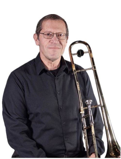 A man in a black shirt holding a trombone with a white background.