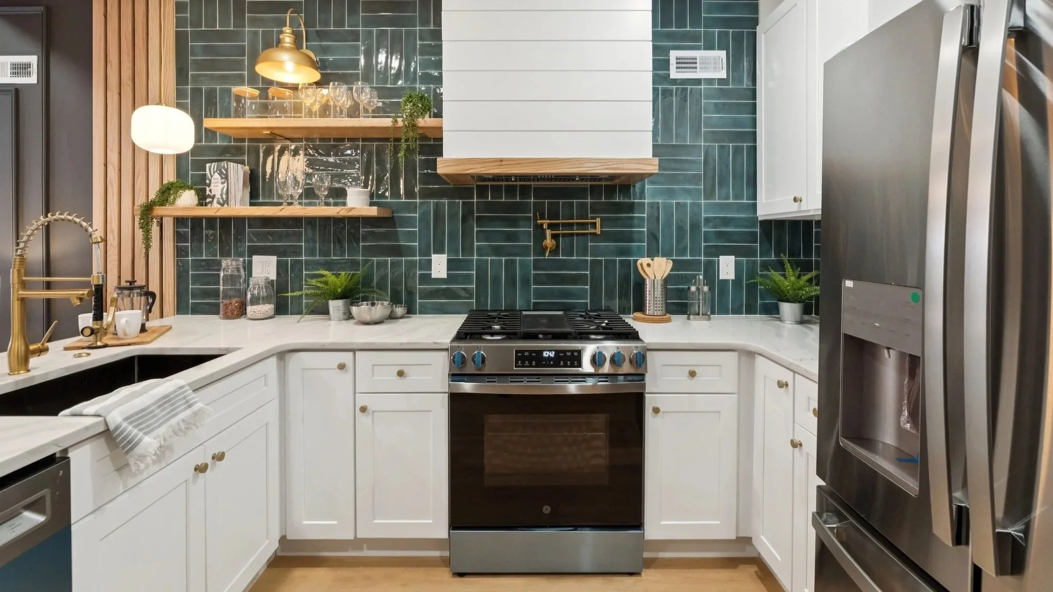 Modern kitchen with white cabinets, dark green tiled backsplash, and stainless steel appliances. Open wooden shelves hold glasses and decorative items. There is a gold faucet and a marble countertop.