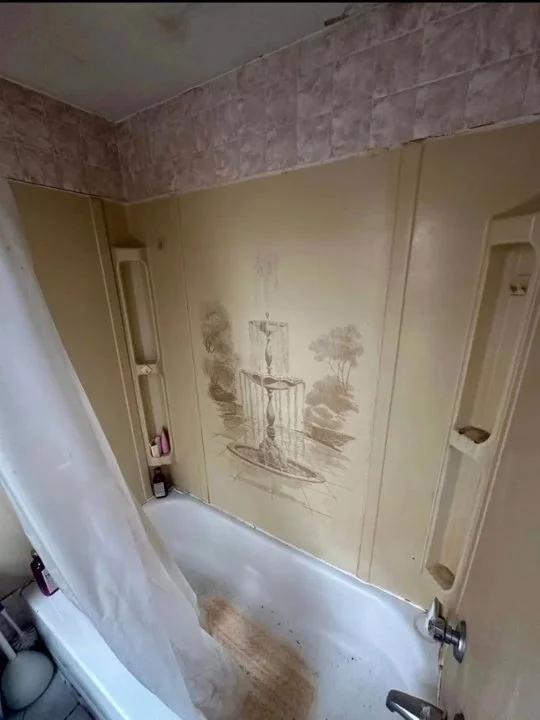 Old bathroom with mural on the wall and a dirty bathtub.