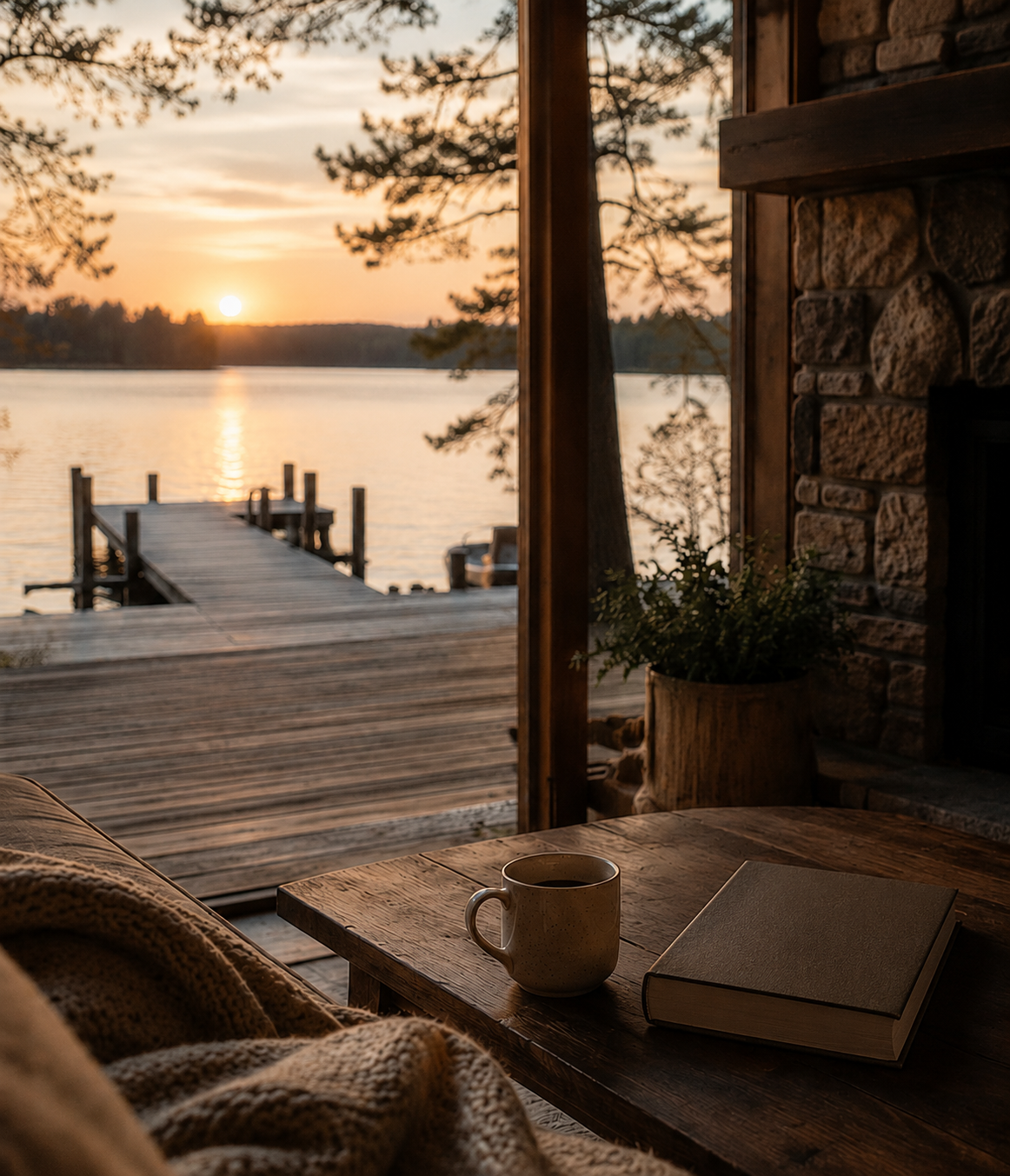 View of a sunset over a lake with a dock extending into the water, seen from inside a cozy cabin with a coffee mug and a book on a wooden table in the foreground.