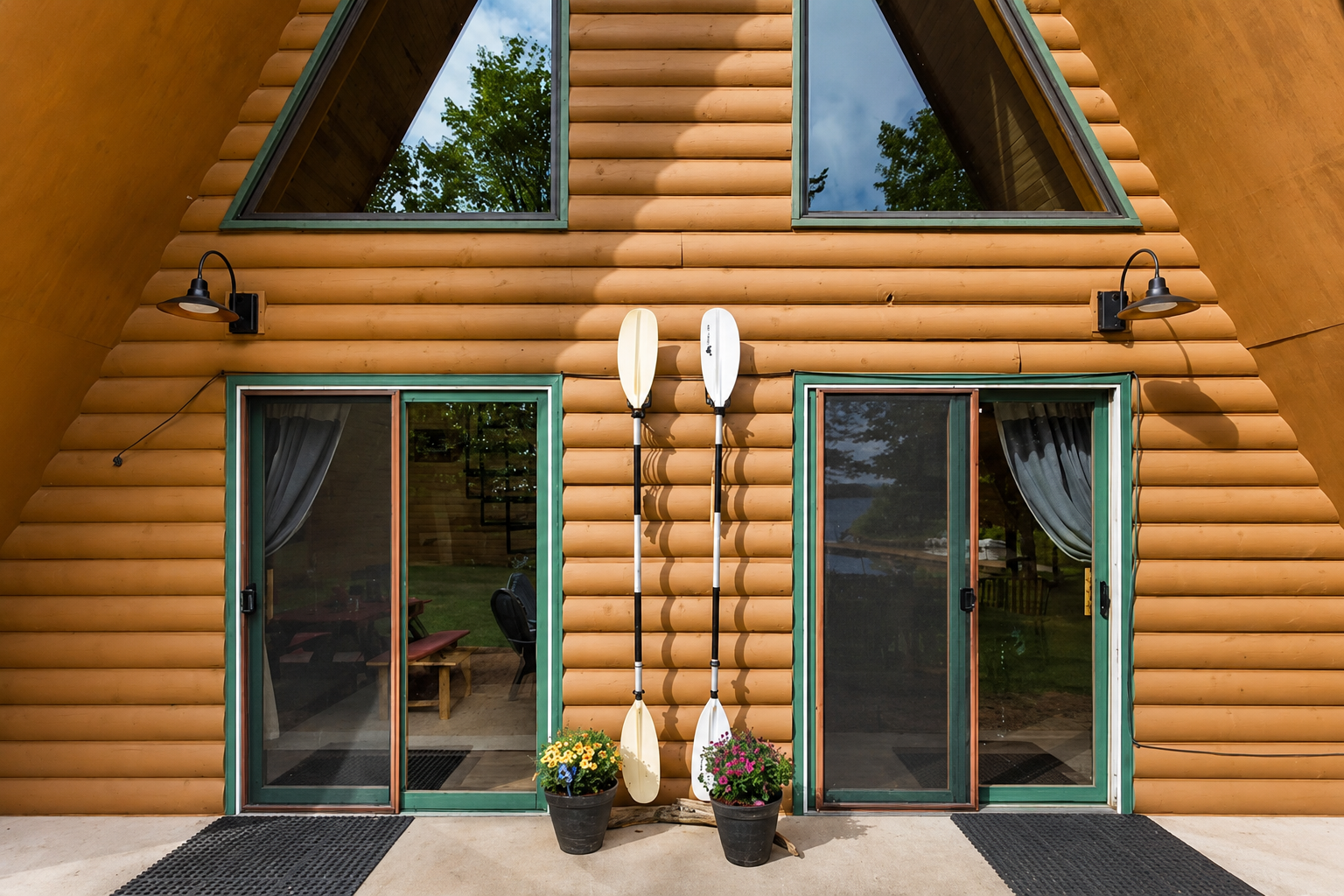 The exterior of a log cabin with two sliding glass doors, each with a black doormat in front. Two black planters with colorful flowers are positioned between the doors. Two white and cream paddles are mounted vertically on the wall between the doors. Two black outdoor wall lamps are mounted above each door. Large triangular windows above the doors reflect trees and the sky.