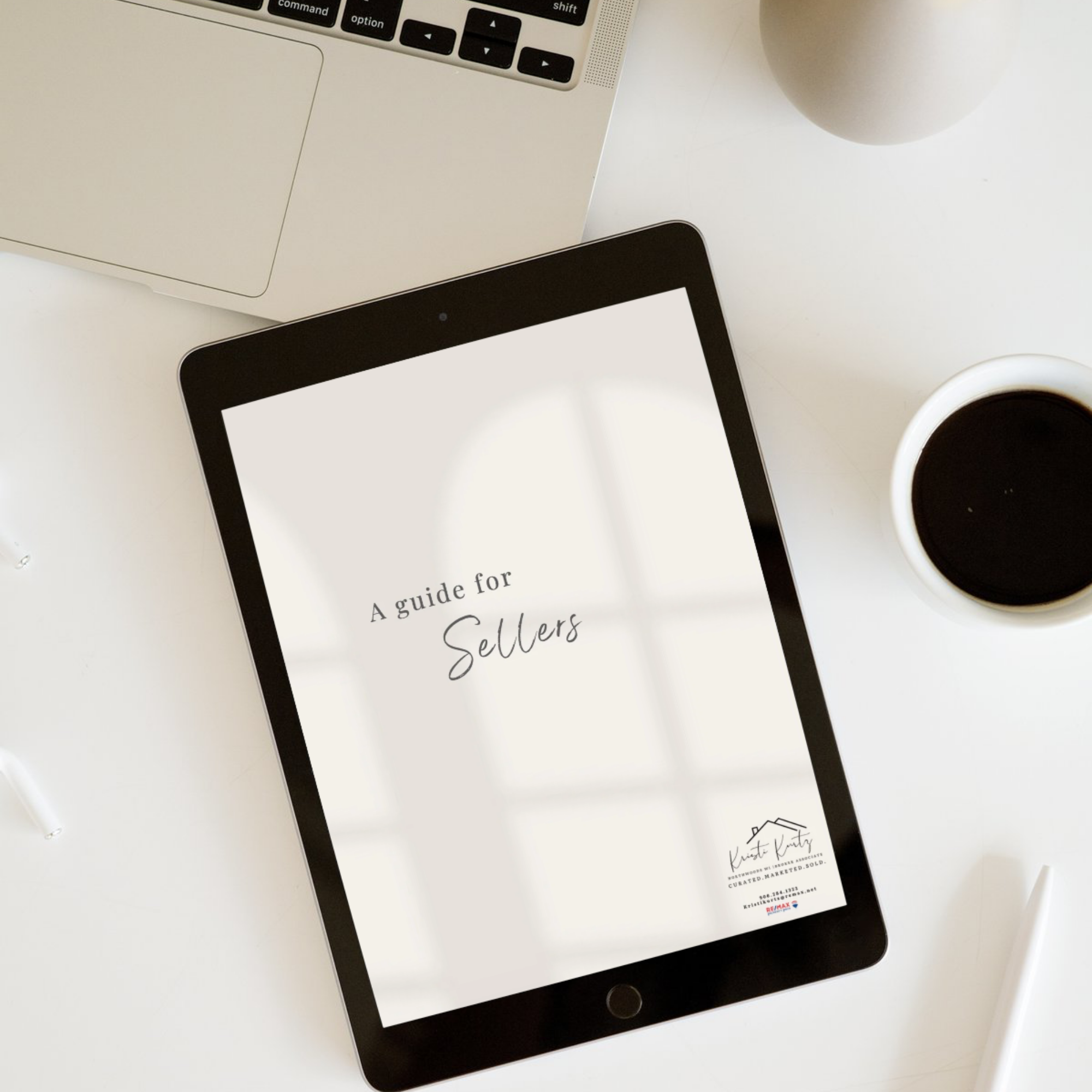 A digital tablet displaying a guide for sellers along with a laptop, a cup of coffee, and a decorative round object on a white surface.