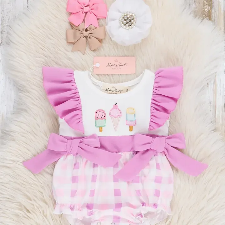 Embroidered Ice Cream Plaid Ruffle Bubble