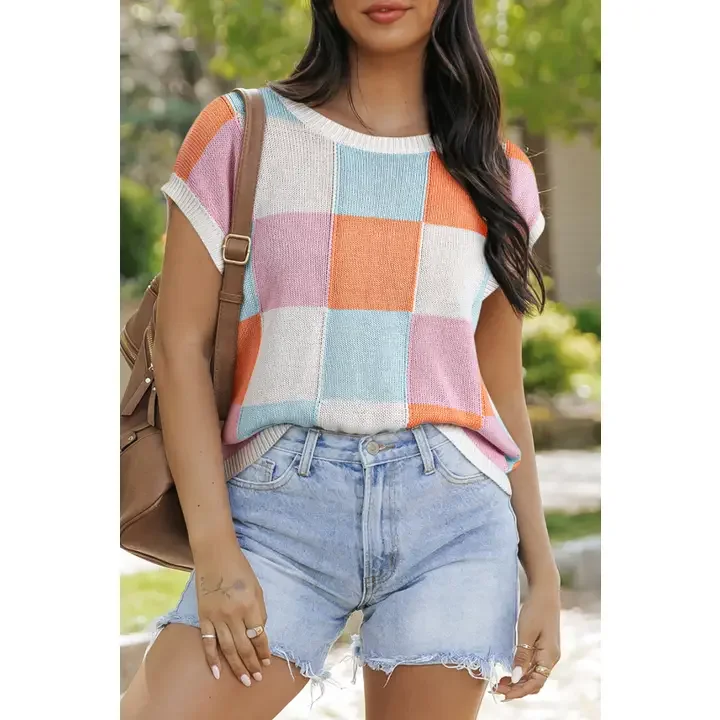 Colorblock Cap Sleeve Knitted Sweater Top | S-2XL