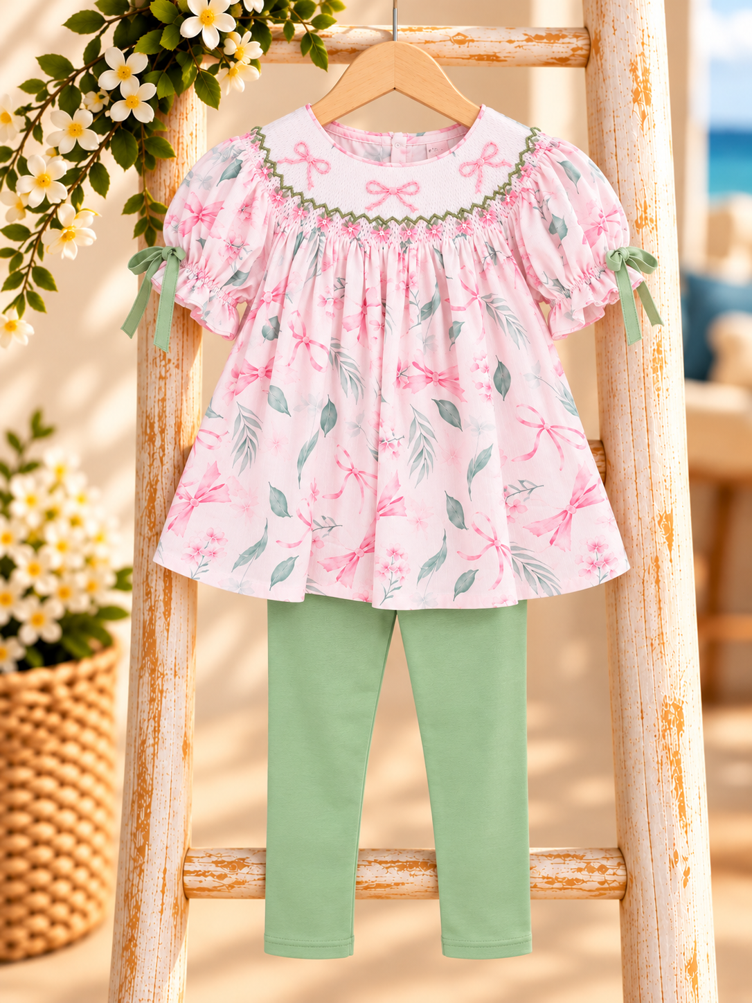Pastel Bow-Print Outfit on Rustic Ladder.png