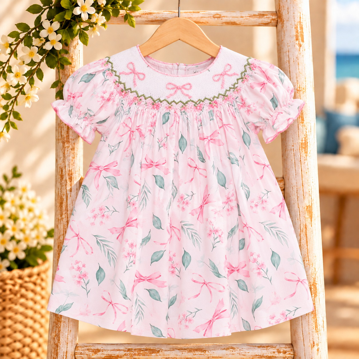 Pink Floral Bow Dress on Rustic Ladder.png