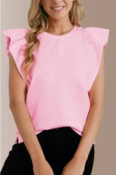 Textured Ruffle Short Sleeve Pullover Top | S-XL