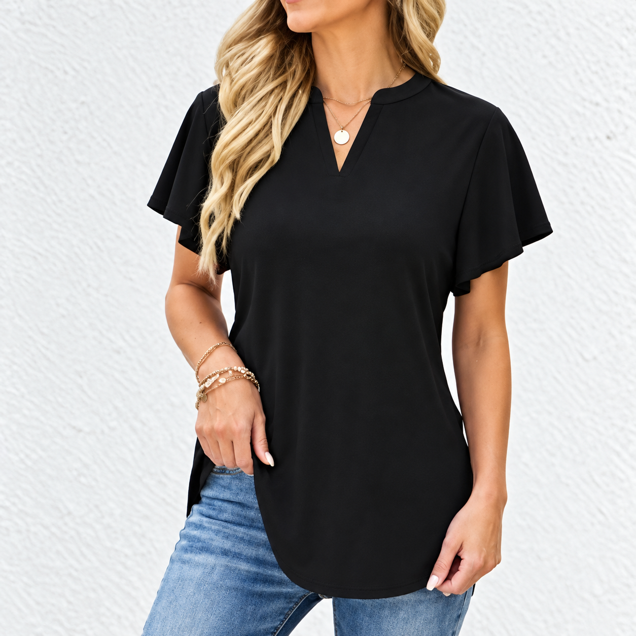 CWTBLS0306_V-Neck Shirt Sleeve Top