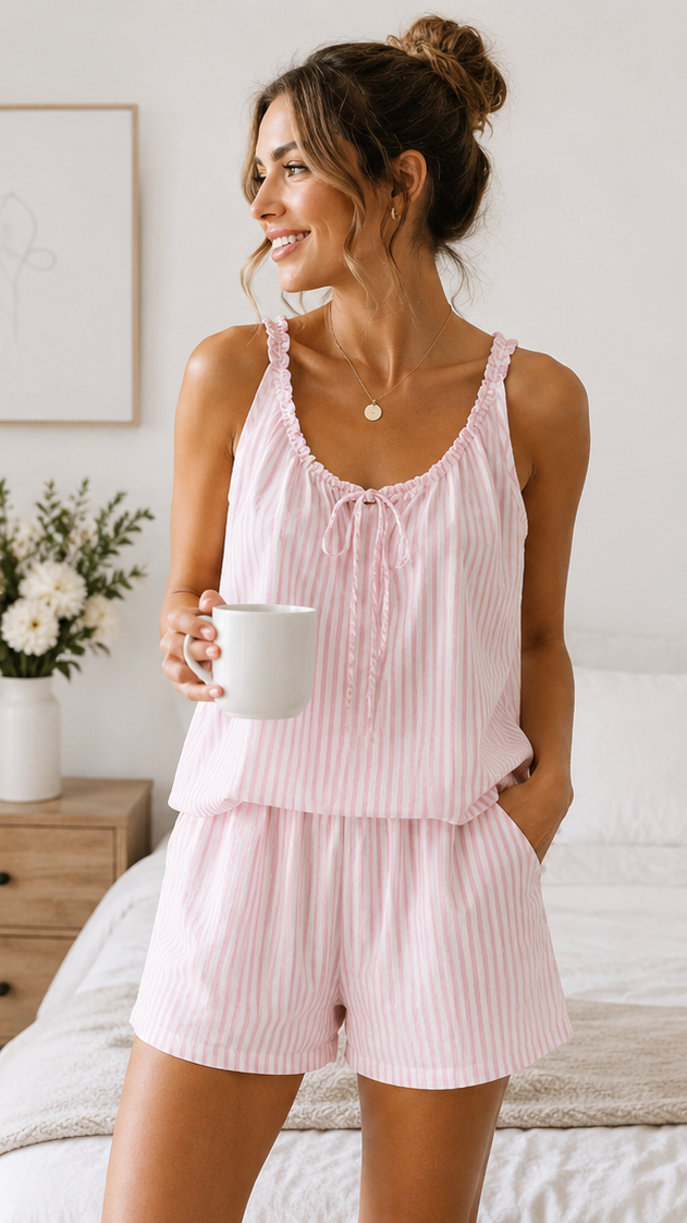 Cotton Stripes Relaxed Tank Top & Shorts Lounge Set - Pink