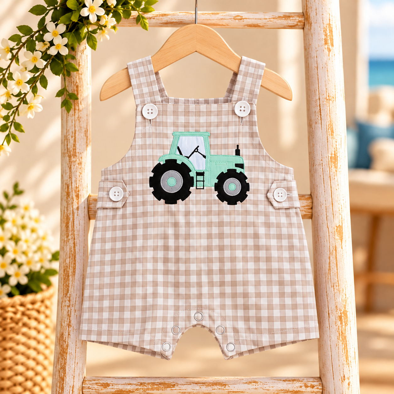 Beige Gingham Tractor Romper.png