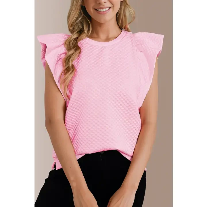 Textured Ruffle Short Sleeve Pullover Top | S-XL
