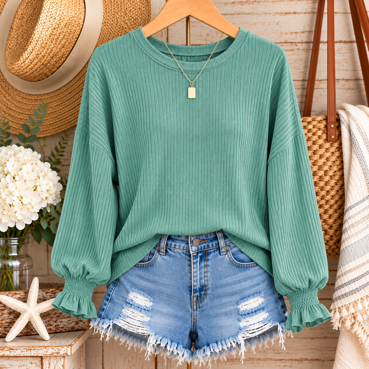 Coastal Mint Blouse and Denim Shorts.png