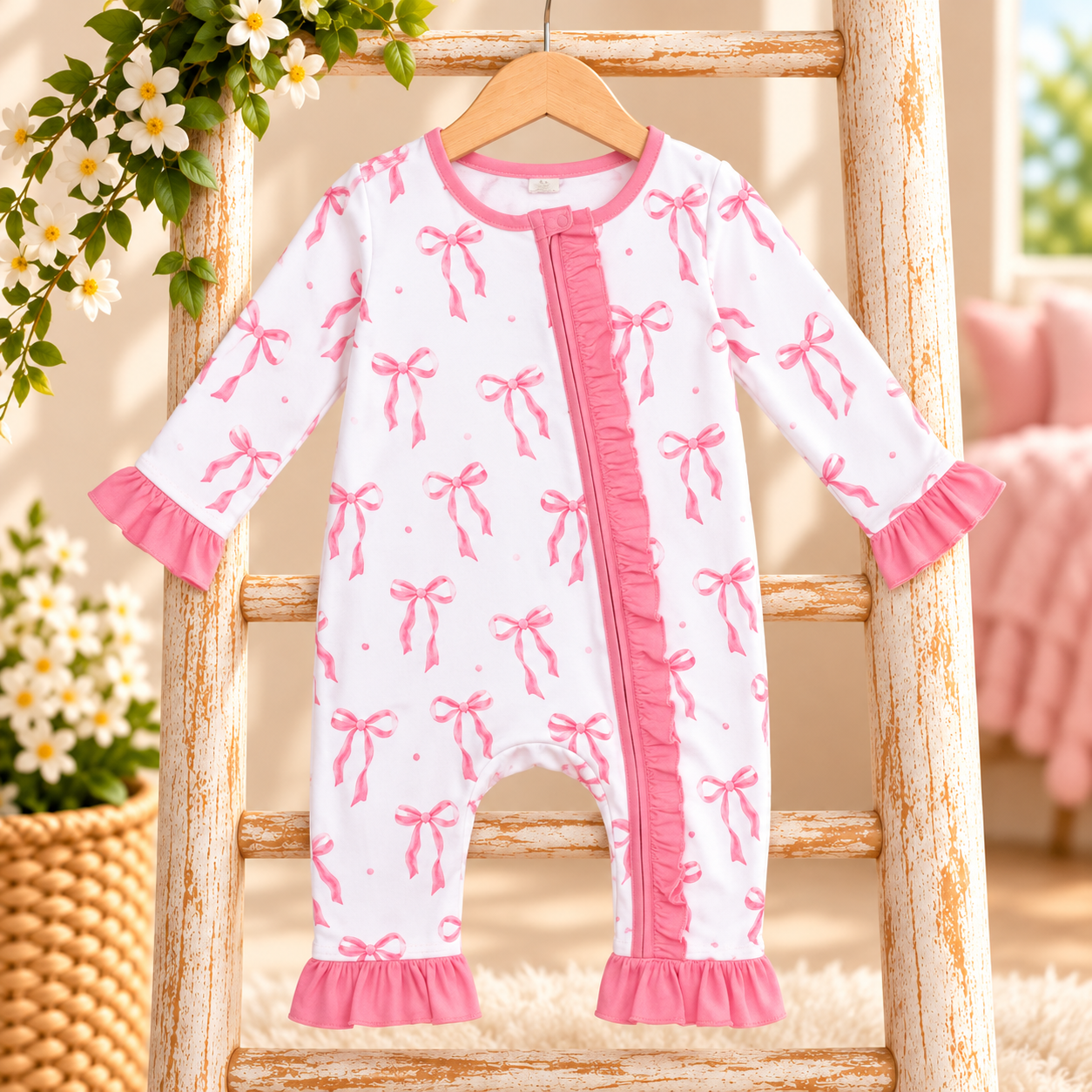 Pink Bow Baby Romper in Cozy Nursery.png