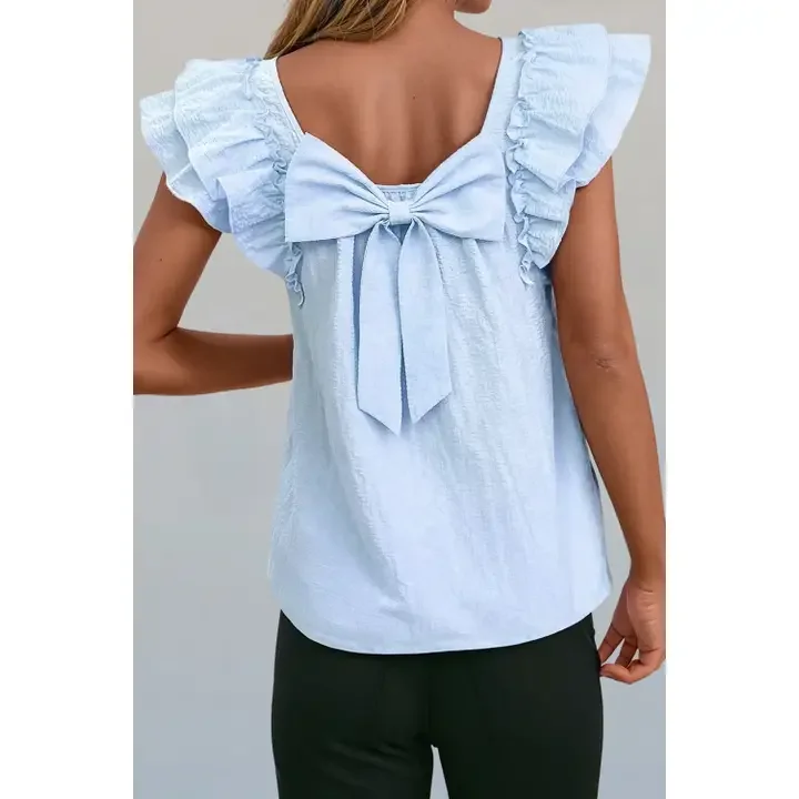 Textured Bow Knot Back Ruffled Blouse  S-XL