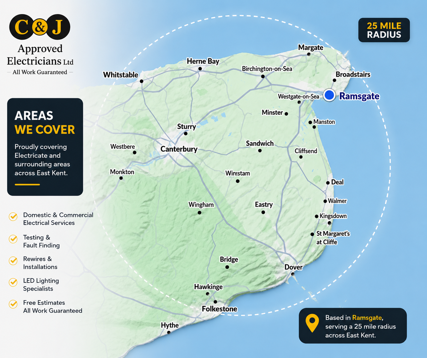 East Kent coverage map for C&J Approved Electricians Ltd showing towns served around Ramsgate.