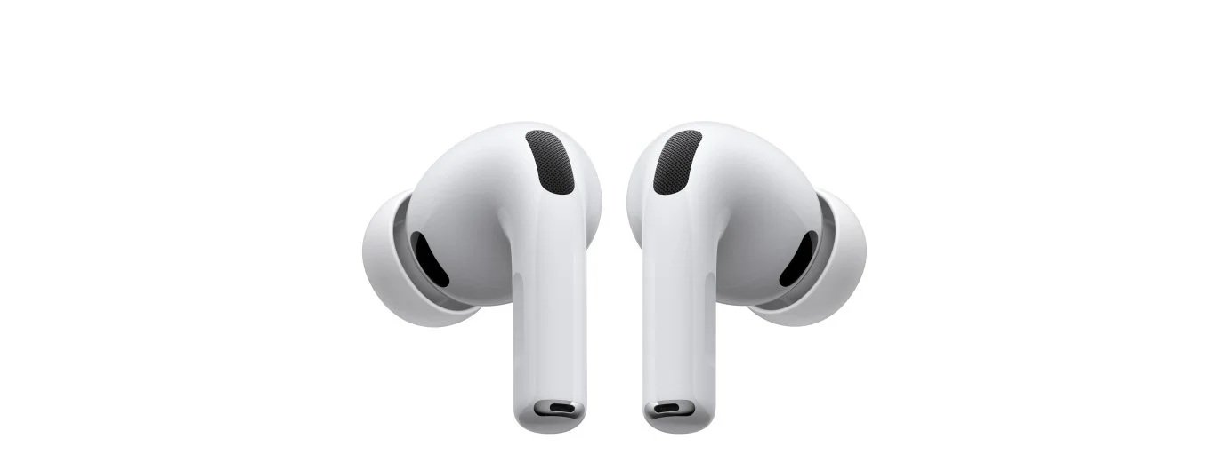 Pair of white wireless earbuds with black speaker openings on a white background.