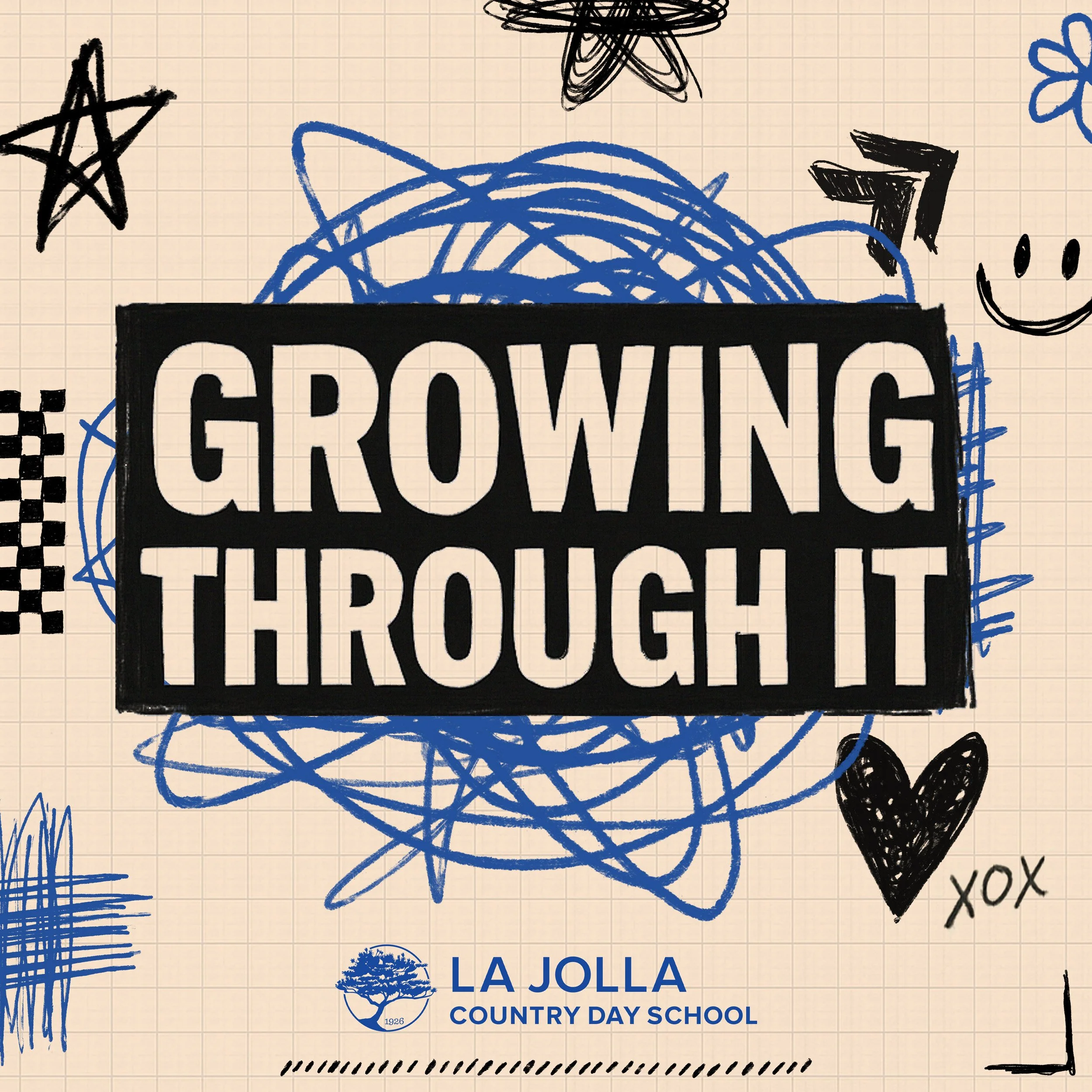 Hand-drawn doodles including stars, a smiley face, a scribbled circle, and the text "GROWING THRU CULTURE" on grid paper, with the words "LA JOLLA COUNTRY DAY SCHOOL" and the school emblem at the bottom, indicating a creative, school-related illustration.